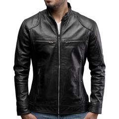 Men Cafe Racer Black Motorcycle Zipper Slim Fit Leather Jacket
