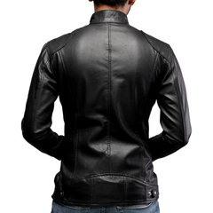 Men Cafe Racer Black Motorcycle Zipper Slim Fit Leather Jacket
