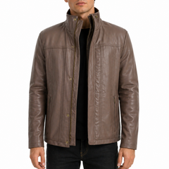 Men's Brown Double Closure Cafe Racer Genuine Leather Jacket