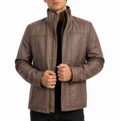 Men's Brown Double Closure Cafe Racer Genuine Leather Jacket