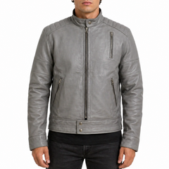 Mens Grey Padded Genuine Lambskin Leather Motorcycle Cafe Racer Leather Jacket