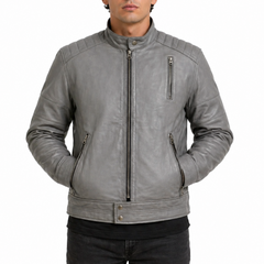 Mens Grey Padded Genuine Lambskin Leather Motorcycle Cafe Racer Leather Jacket