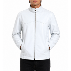Mens White Snap Collar Genuine Lambskin Cafe Racer Motorcycle Leather Jacket