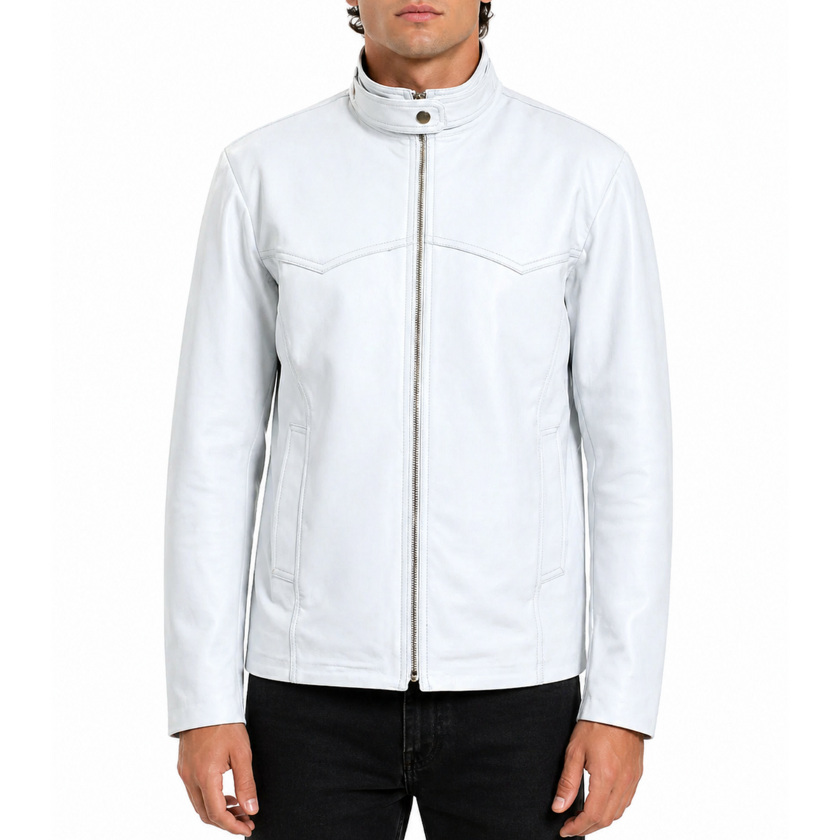 Mens White Snap Collar Genuine Lambskin Cafe Racer Motorcycle Leather Jacket