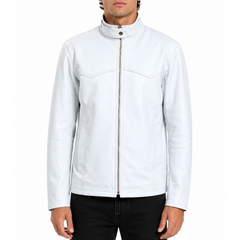 Mens White Snap Collar Genuine Lambskin Cafe Racer Motorcycle Leather Jacket