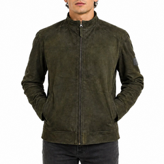 Men's Dark Green Genuine Suede Leather Cafe Racer Jacket
