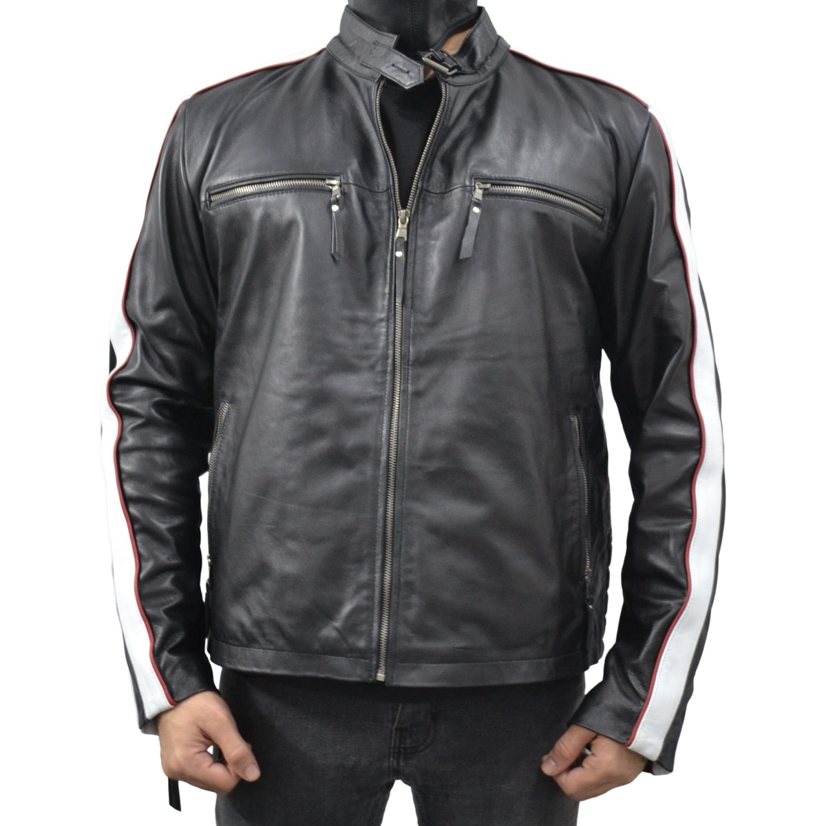 Men's Black Striped Design Cafe Racer Genuine Leather Jacket