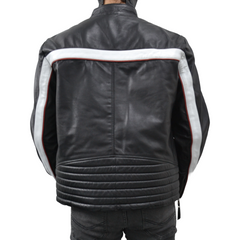 Men's Black Striped Design Cafe Racer Genuine Leather Jacket