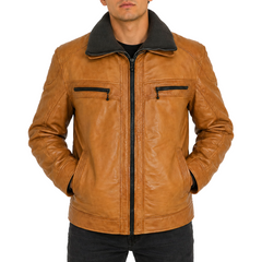 Men's Tan Cafe Racer Genuine Sheepskin Leather Jacket