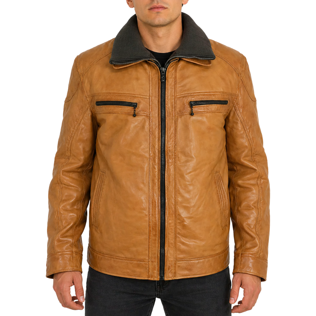Men's Tan Cafe Racer Genuine Sheepskin Leather Jacket
