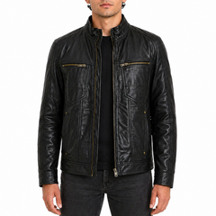 Men's Black Golden Material Café Racer Genuine Sheepskin Leather Jacket