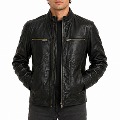 Men's Black Golden Material Café Racer Genuine Sheepskin Leather Jacket