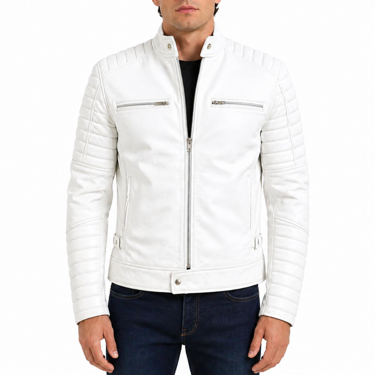 Men's Cafe Racer White Quilted Authentic Lambskin Leather Jacket
