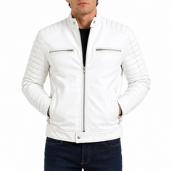Men's Cafe Racer White Quilted Authentic Lambskin Leather Jacket