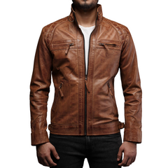 Mens Motorcycle Vintage Brown Diamond Quilted Racer Leather Jacket