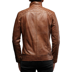 Mens Motorcycle Vintage Brown Diamond Quilted Racer Leather Jacket