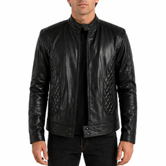 Men's Black Padded Quilted Design Motorcycle Biker Geniune Leather Jacket