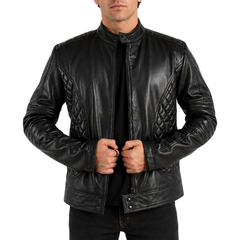 Men's Black Padded Quilted Design Motorcycle Biker Geniune Leather Jacket