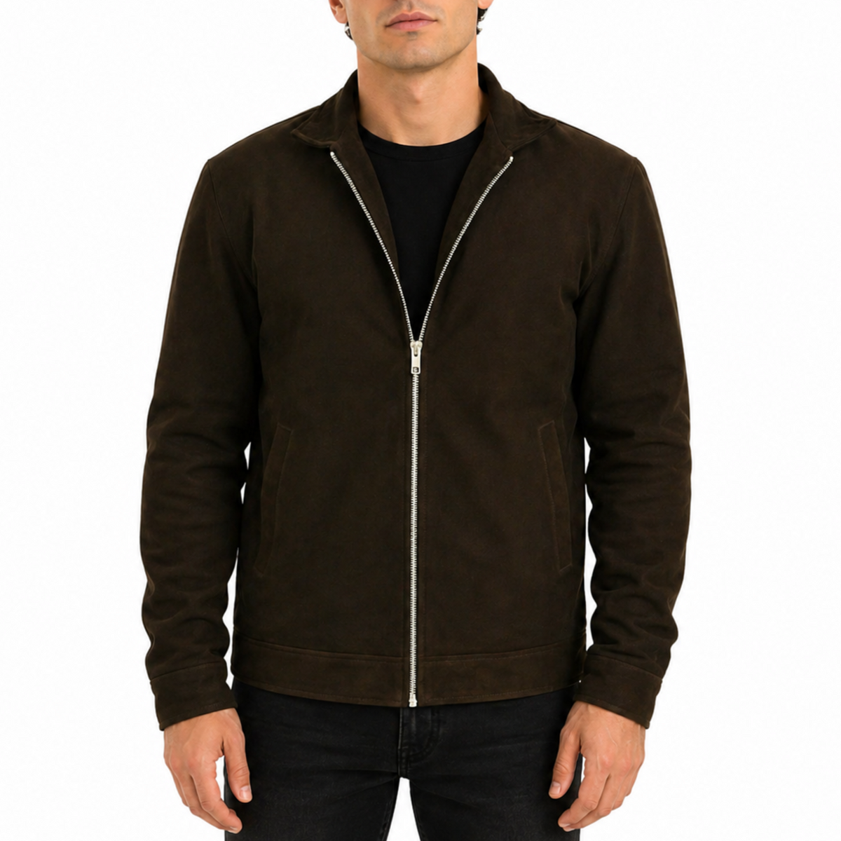 Men's Dark Brown Moto Biker Distressed Real Suede Leather Jacket