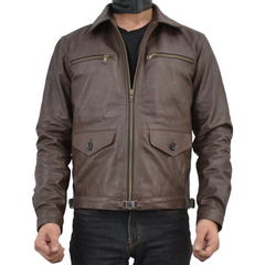 Mens Brown Four Pocket Cafe Racer Real Leather Jacket