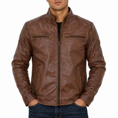 Men's Brown Waxed Cafe Racer Real Sheepskin Leather Jacket