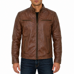 Men's Brown Waxed Cafe Racer Real Sheepskin Leather Jacket
