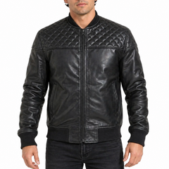 Men's Motorcycle Quilted Shoulder Rib Design Slim Fit Cafe Racer Biker Leather Jacket