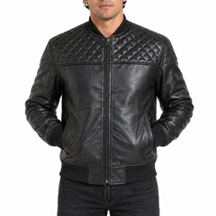 Men's Motorcycle Quilted Shoulder Rib Design Slim Fit Cafe Racer Biker Leather Jacket