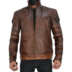 Mens Brown Biker Leather Jacket Origins Slim Fit Stripe Leather Racer Jacket