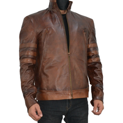 Mens Brown Biker Leather Jacket Origins Slim Fit Stripe Leather Racer Jacket