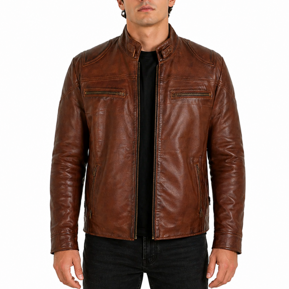 Men's Brown Waxed Slim Fit Zipper Racer Leather Jacket