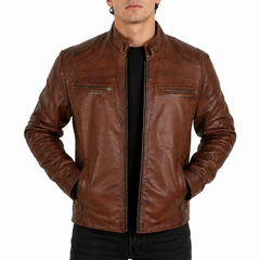 Men's Brown Waxed Slim Fit Zipper Racer Leather Jacket