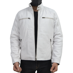White Designer Mens Quilted Motorcycle Biker Leather Jacket