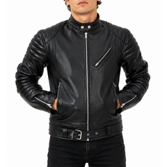 Mens Designer Black Cafe Racer Real Sheepskin Leather Jacket