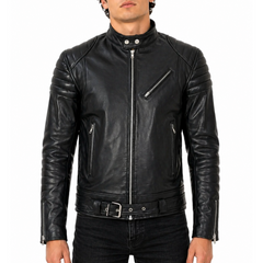Mens Designer Black Cafe Racer Real Sheepskin Leather Jacket