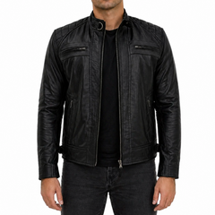 Men's Black Biker Motorcycle Style Genuine Lambskin Leather Jacket