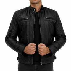 Men's Black Biker Motorcycle Style Genuine Lambskin Leather Jacket