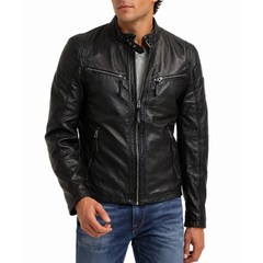 Men Designer Biker Style Classic Black Zipper Genuine Leather Jacket