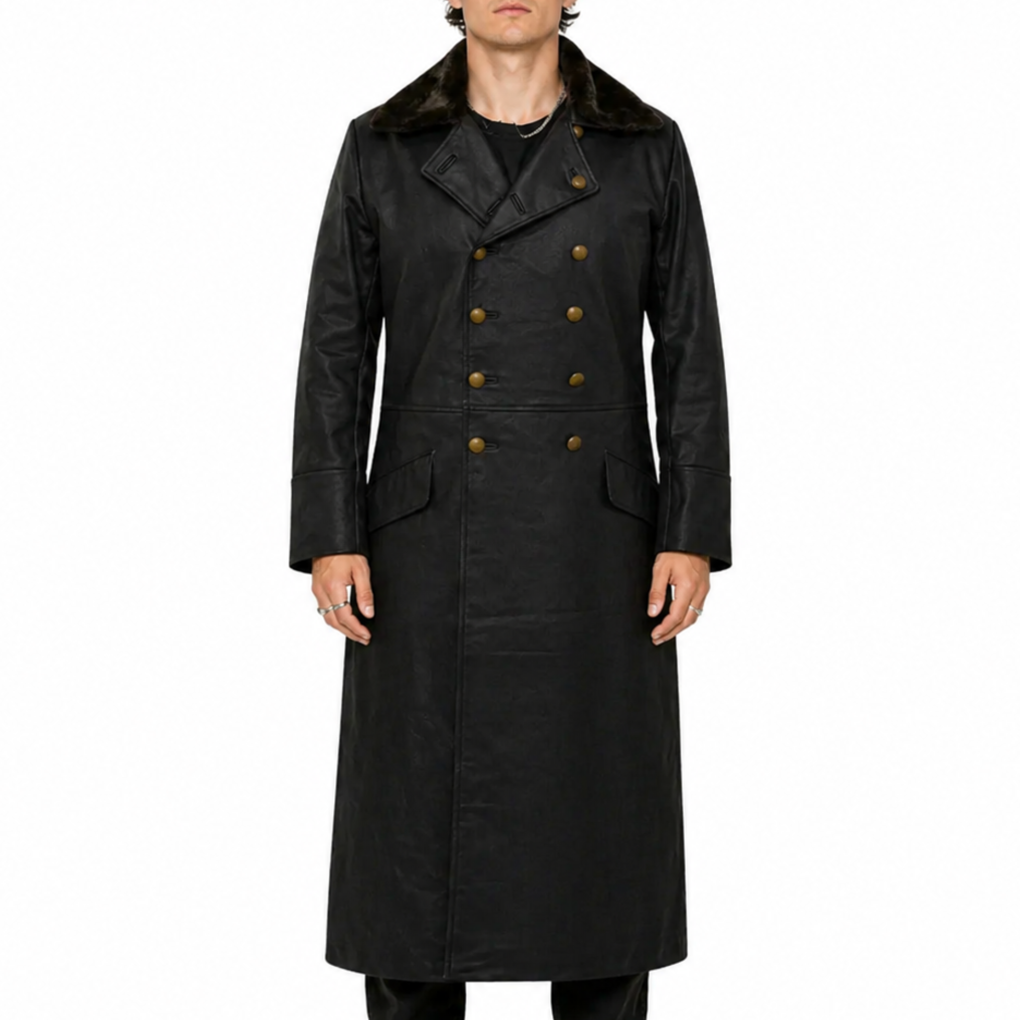 WW2 German officer leather long coat with fur on cuffs