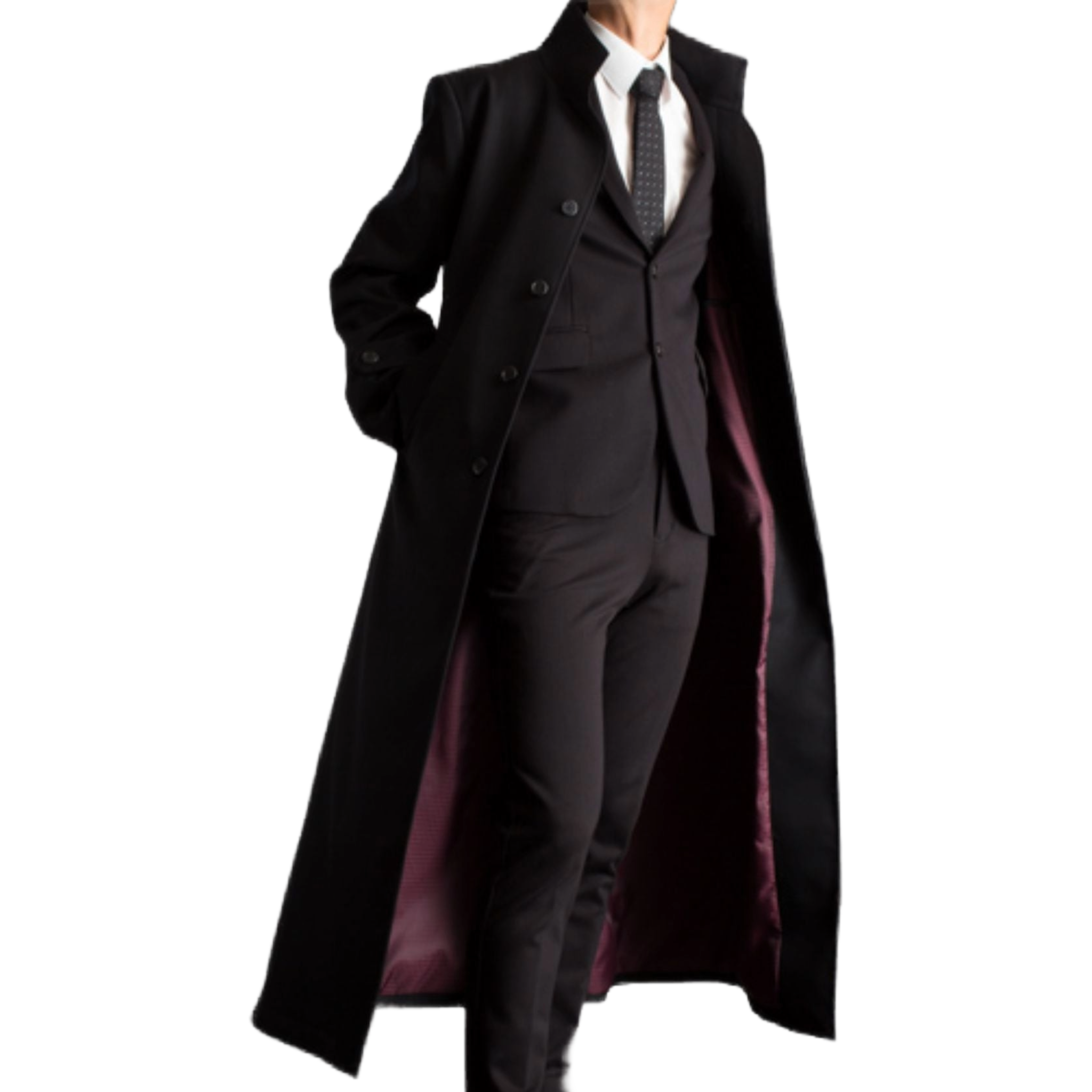 Men's Long Designer Stand-Up Collar Black Belted Genuine Wool Men's Long Designer Stand-Up Collar Black Belted Genuine Wool