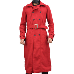 Men's Double-Breasted Red Long Genuine Wool Casual Belted Trench Coat