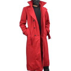 Men's Double-Breasted Red Long Genuine Wool Casual Belted Trench Coat
