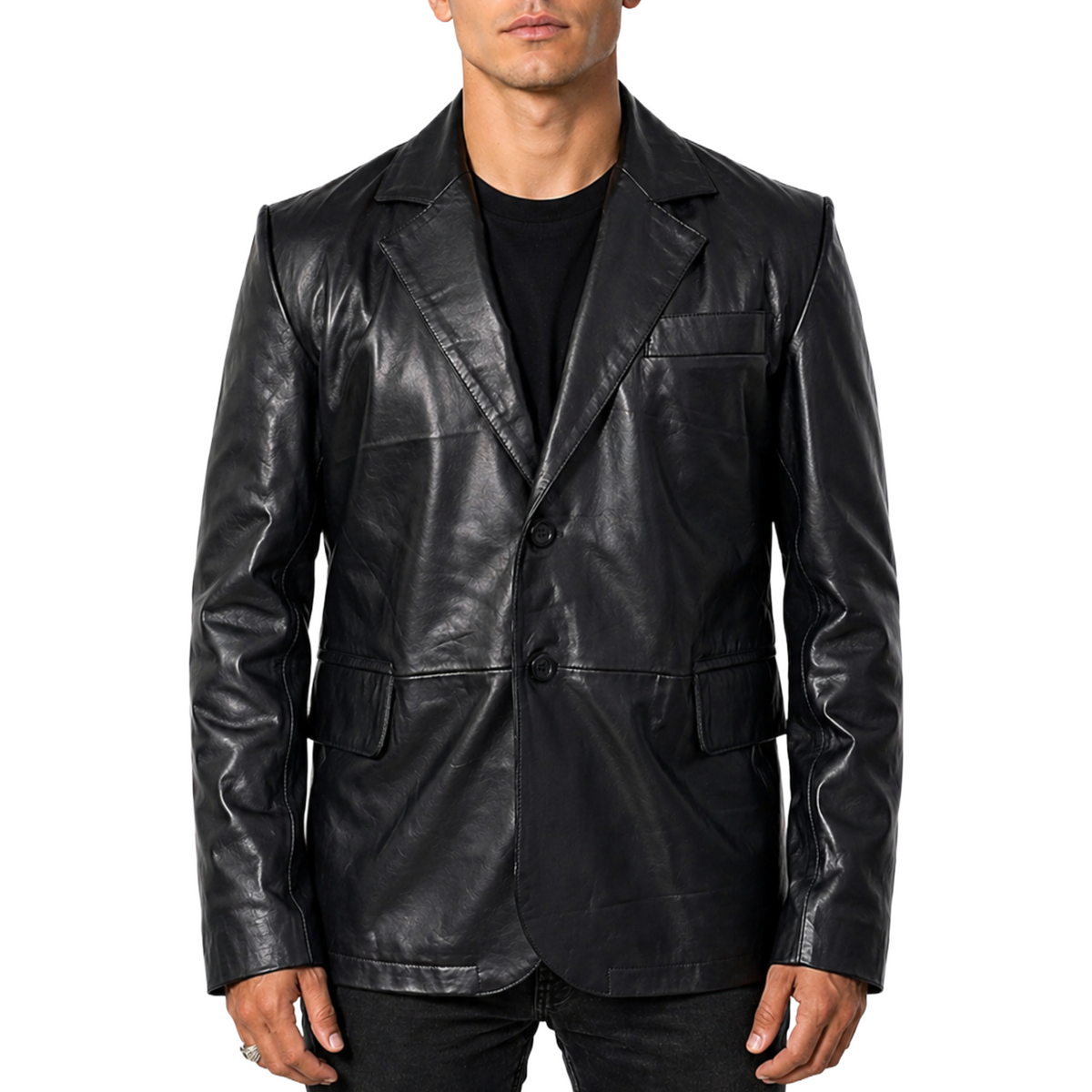 Men's Black 2 Button Casual Formal Genuine Lambskin Leather Blazer