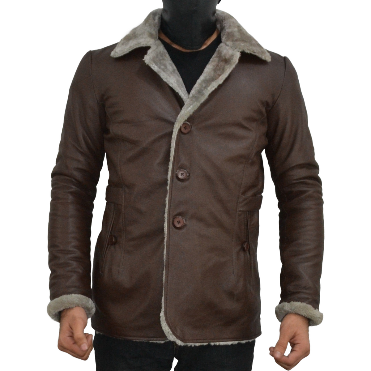 Men's Brown Fur Collar Slim Fit Leather Blazer Jacket M
