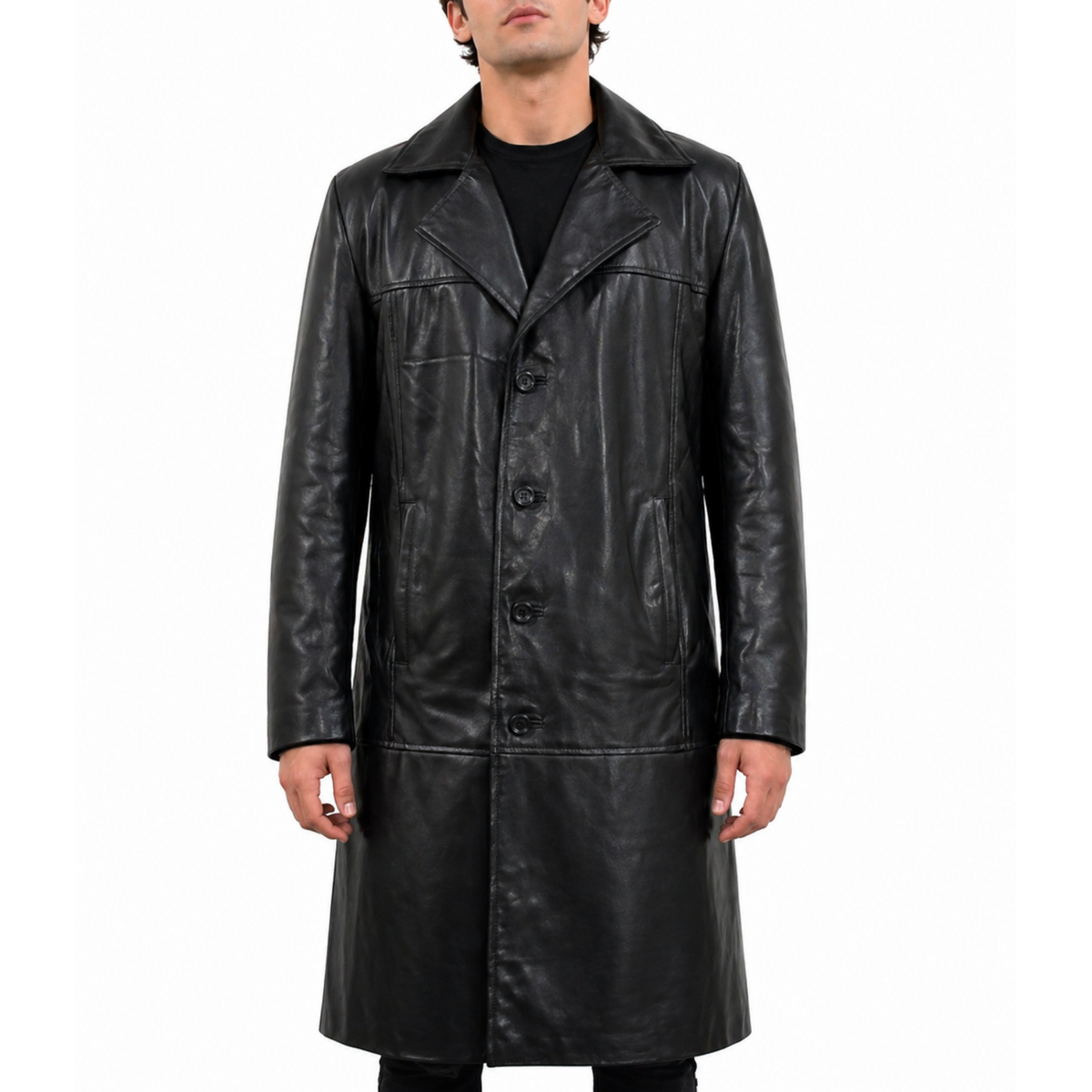 Men's Black Long Genuine Leather Buttoned Casual Trench Coat
