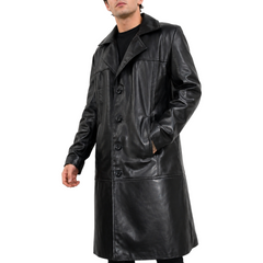 Men's Black Long Genuine Leather Buttoned Casual Trench Coat