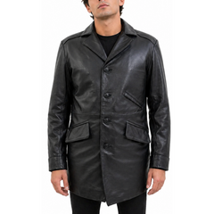 Men's Three Quarter Mid-Lenth Black Designer Genuine Leather Coat