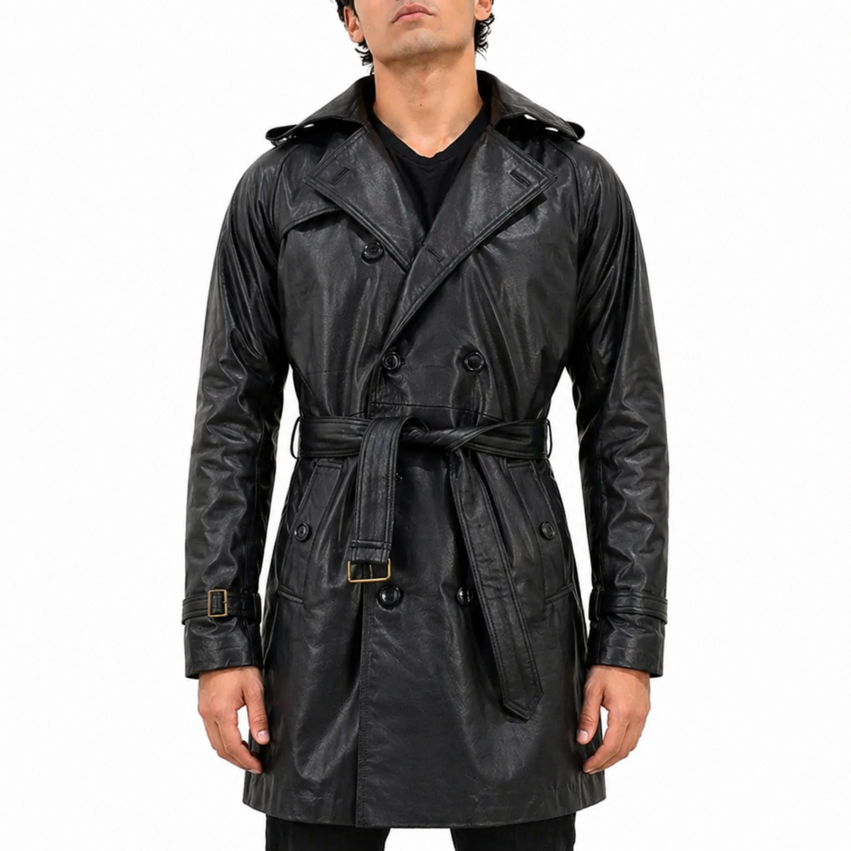 Men's Black Double-Breasted Mid-Length Belted Genuine Leather Coat