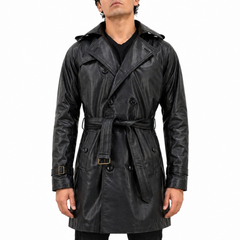 Men's Black Double-Breasted Mid-Length Belted Genuine Leather Coat