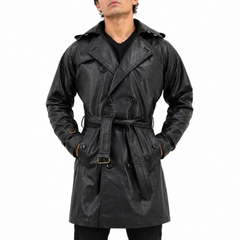 Men's Black Double-Breasted Mid-Length Belted Genuine Leather Coat